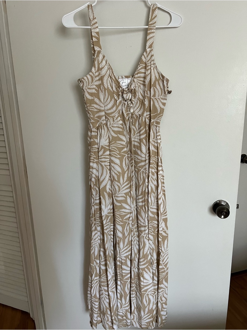 Japna Beige Maxi Dress with White Leaf Print and Front Tie